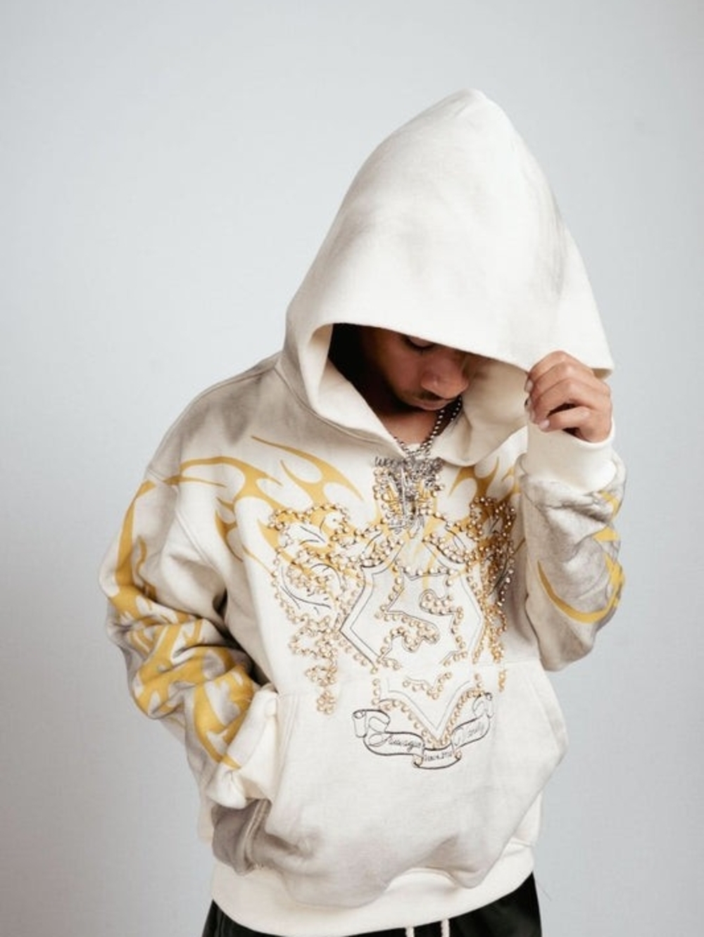 Men's Cream Hooded Sweatshirt with Gold Crest Detail
